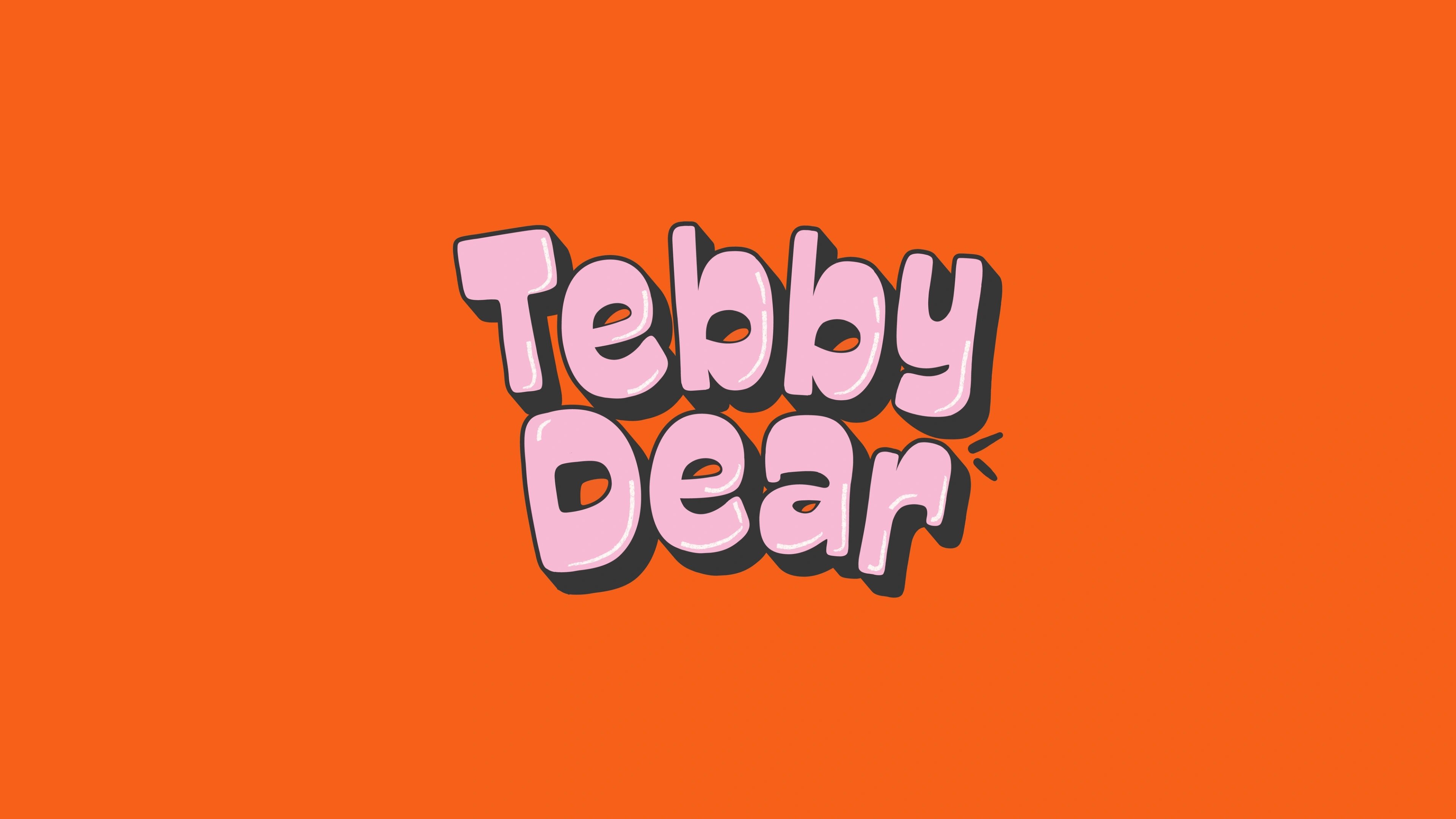 Tebby Dear primary wordmark in pink on a bright orange background