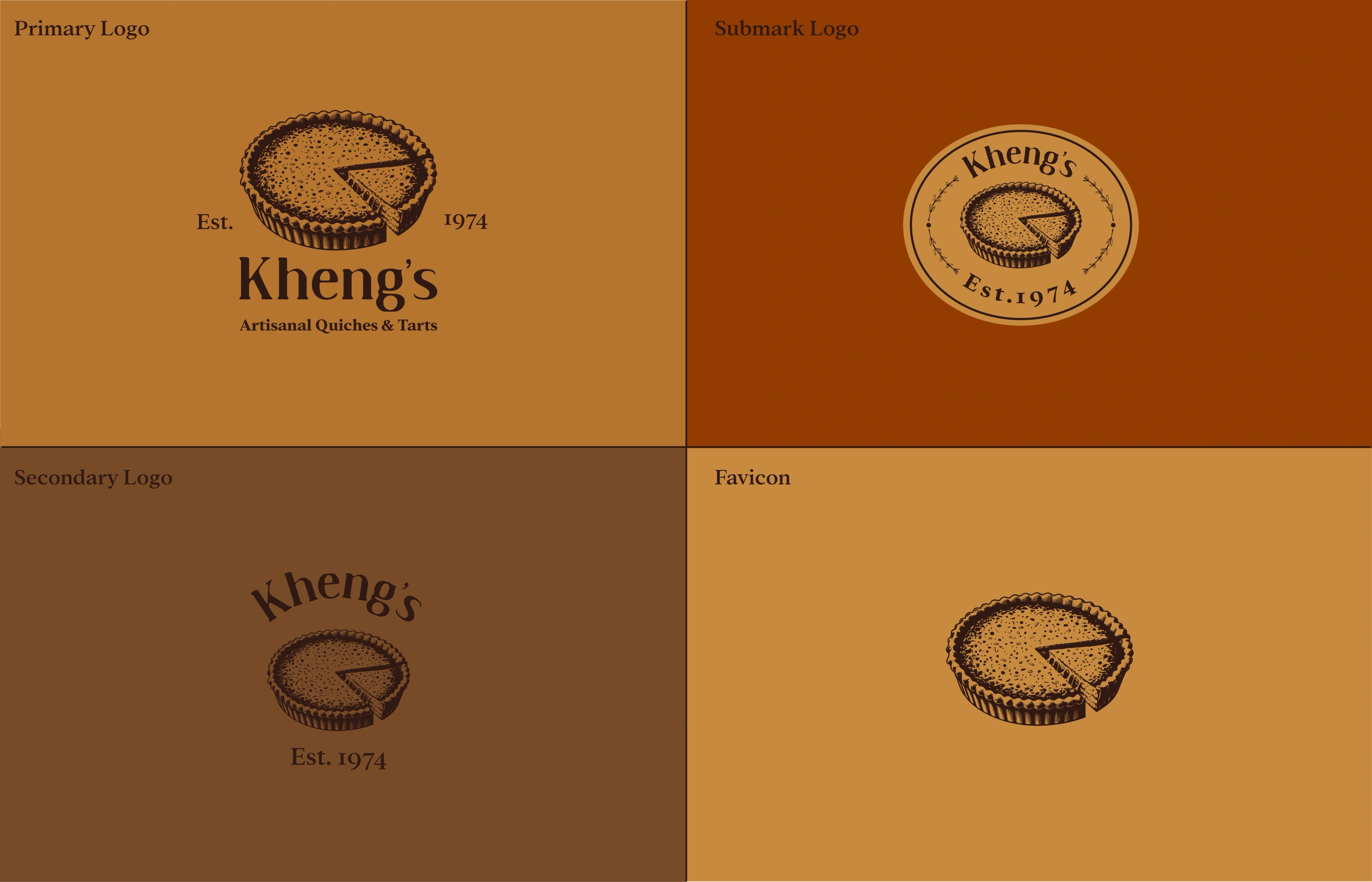 Kheng's logo suite — primary lockup, badge and submark across brown and cream