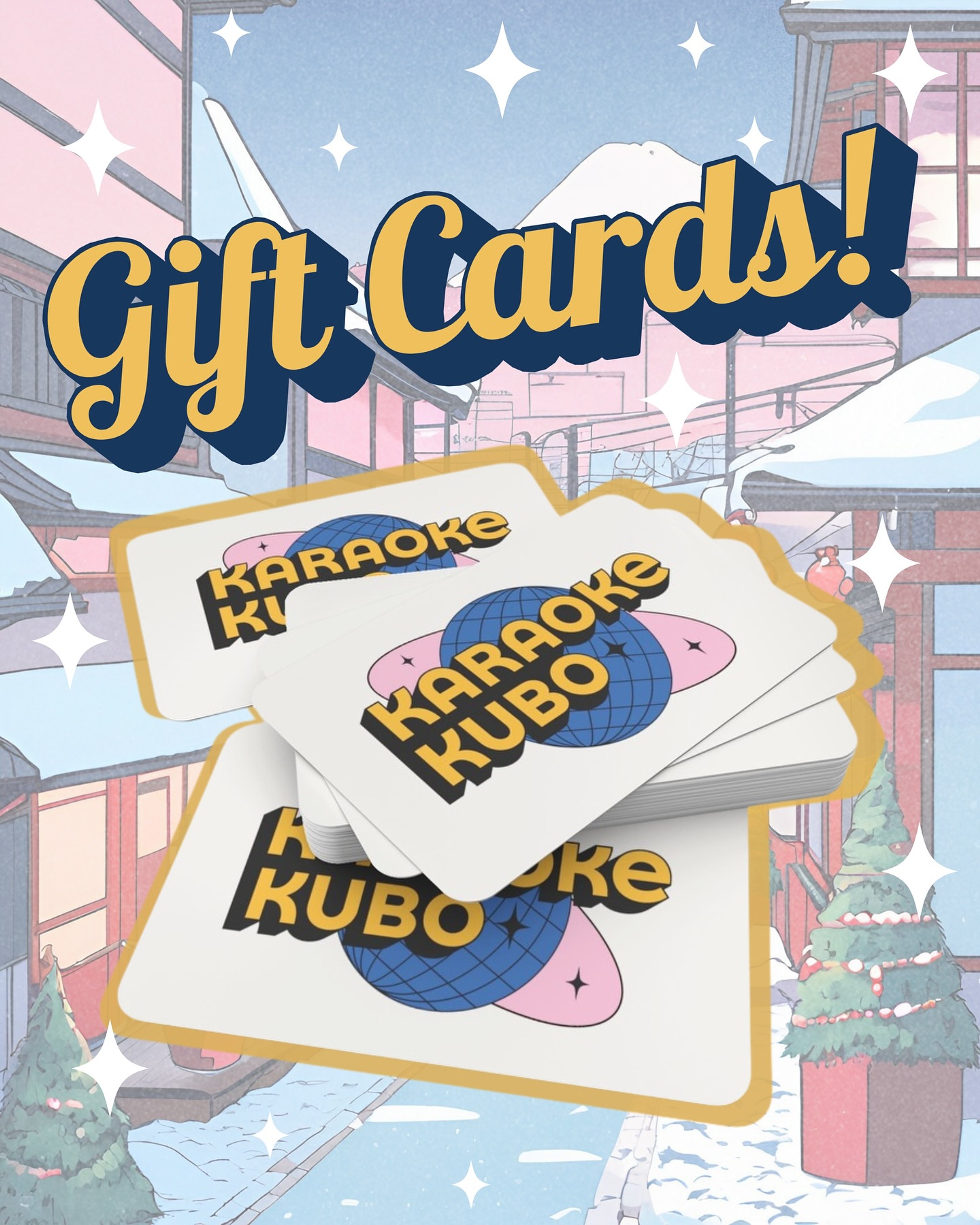 A Karaoke Kubo 'Gift Cards!' promo with stacked branded cards over an anime backdrop