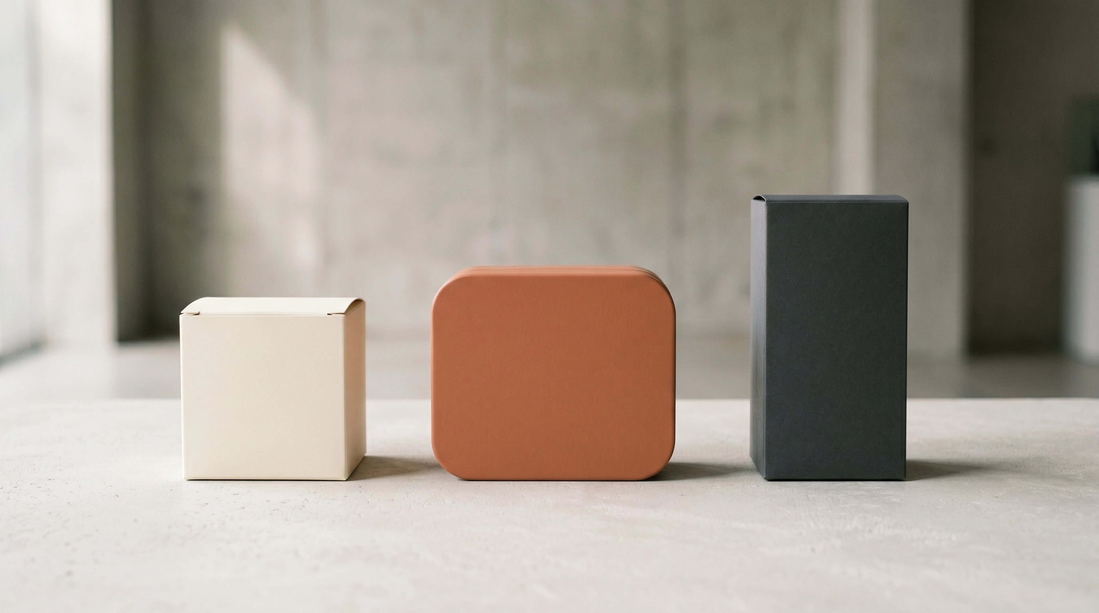 Three blank packaging mockups in different shapes and muted colours