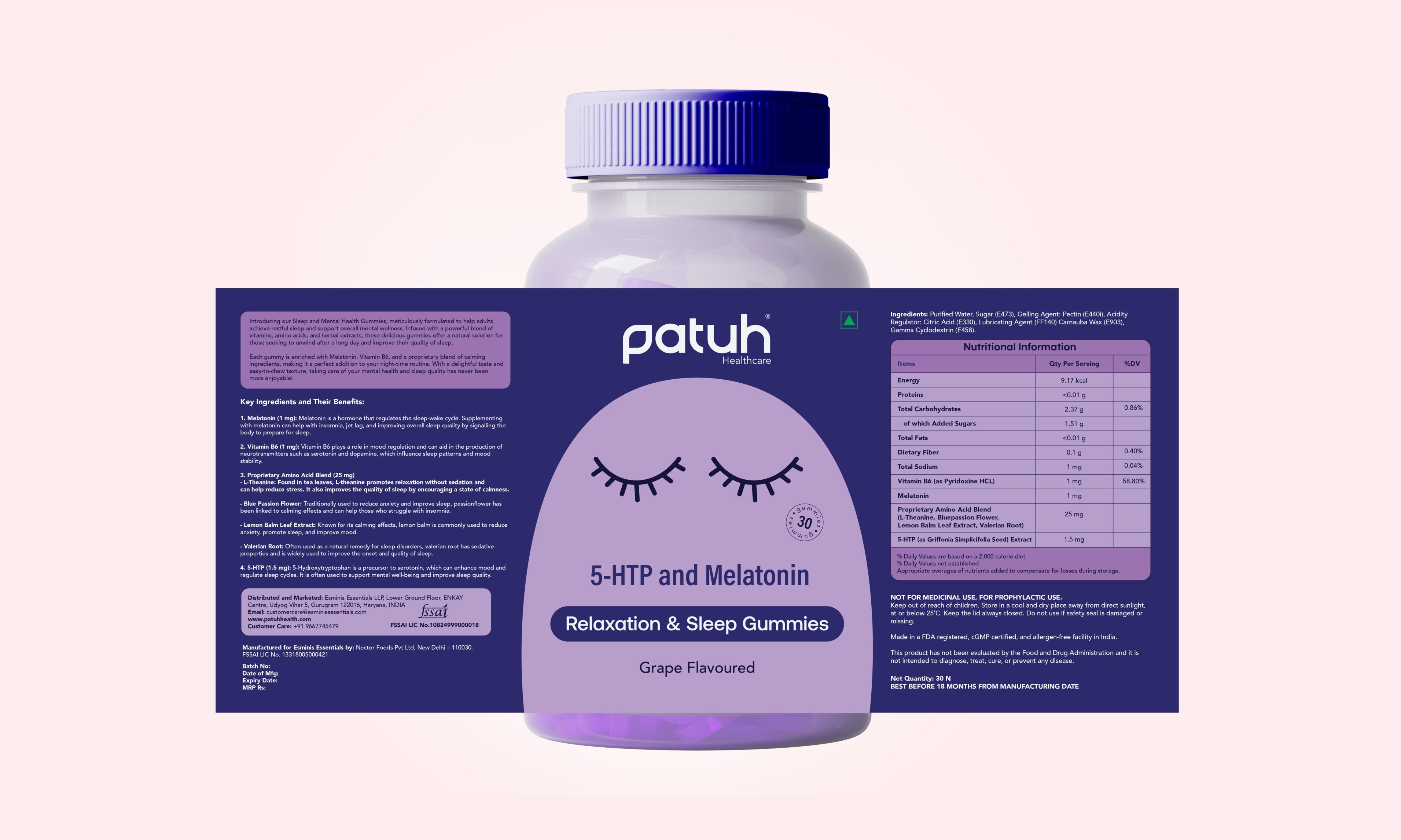 Patuh Healthcare Sleep gummies pack flattened out — front character label plus the full nutrition and ingredient panel