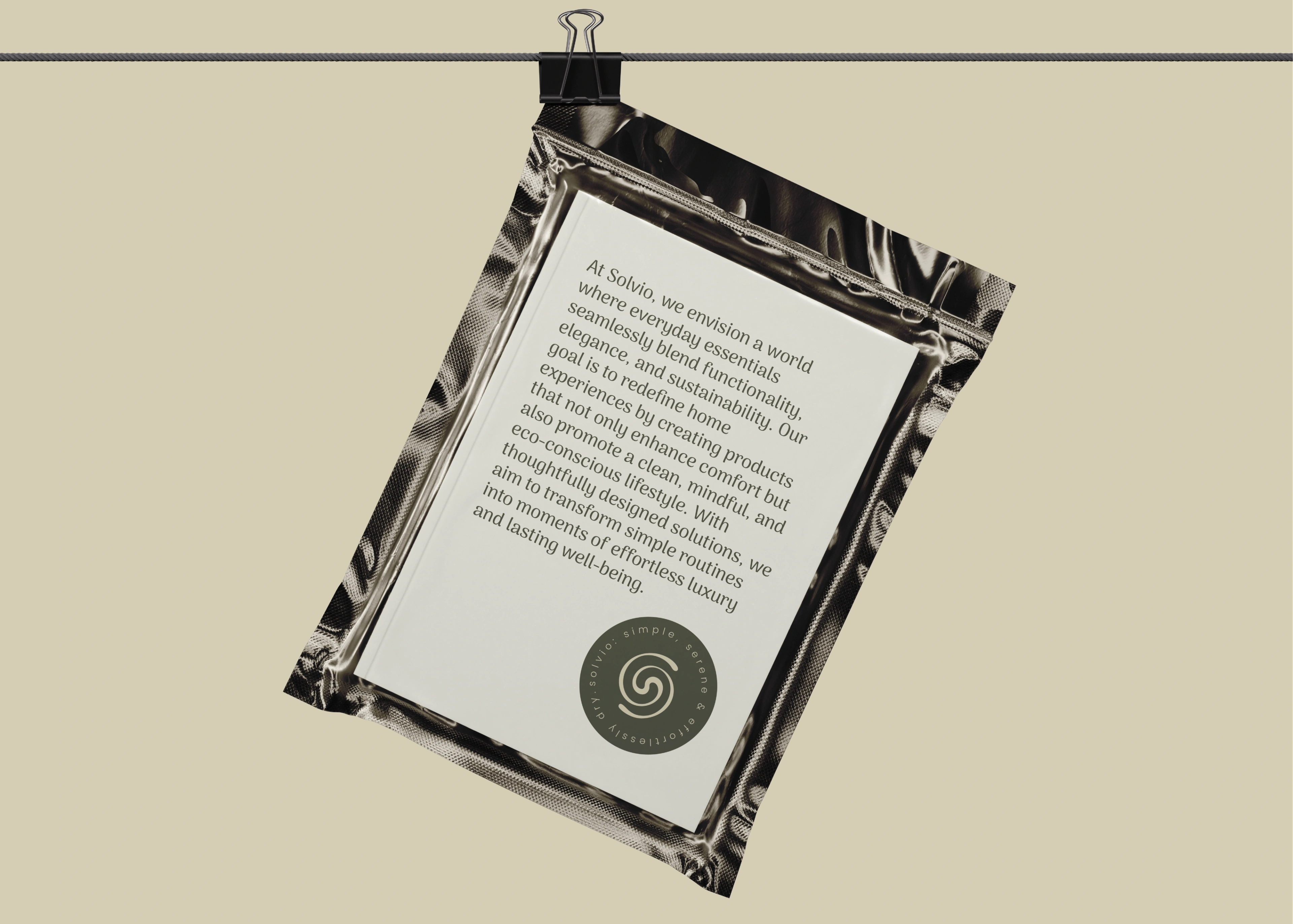 Solvio insert card sealed in a foil pouch on beige