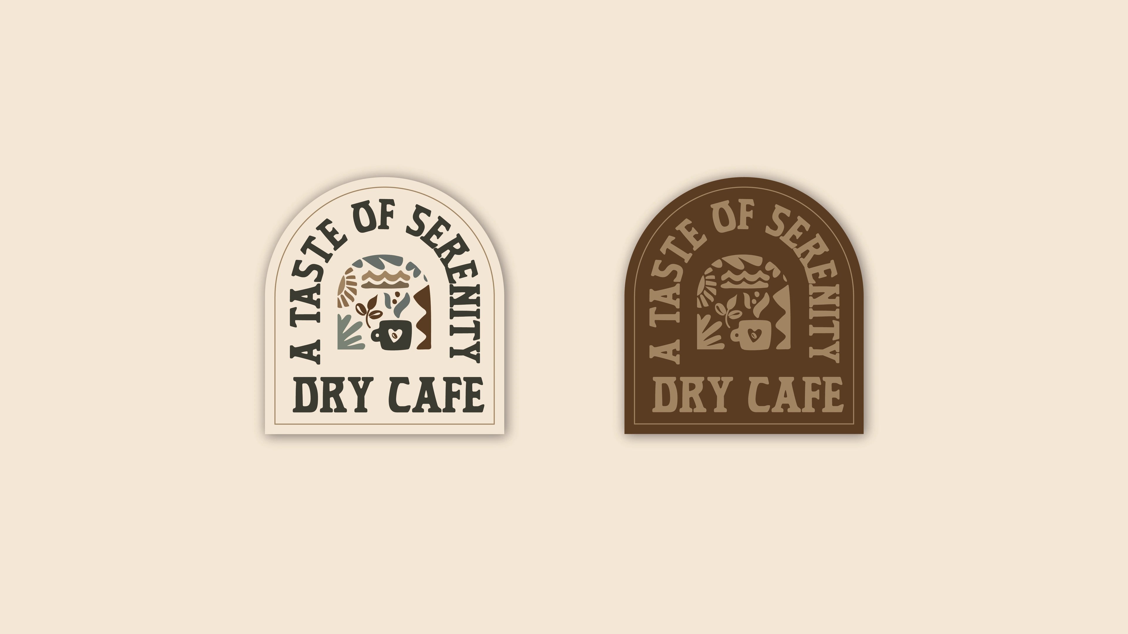 Two Dry Café 'a taste of serenity' badge logos — a woven patch and a brown seal