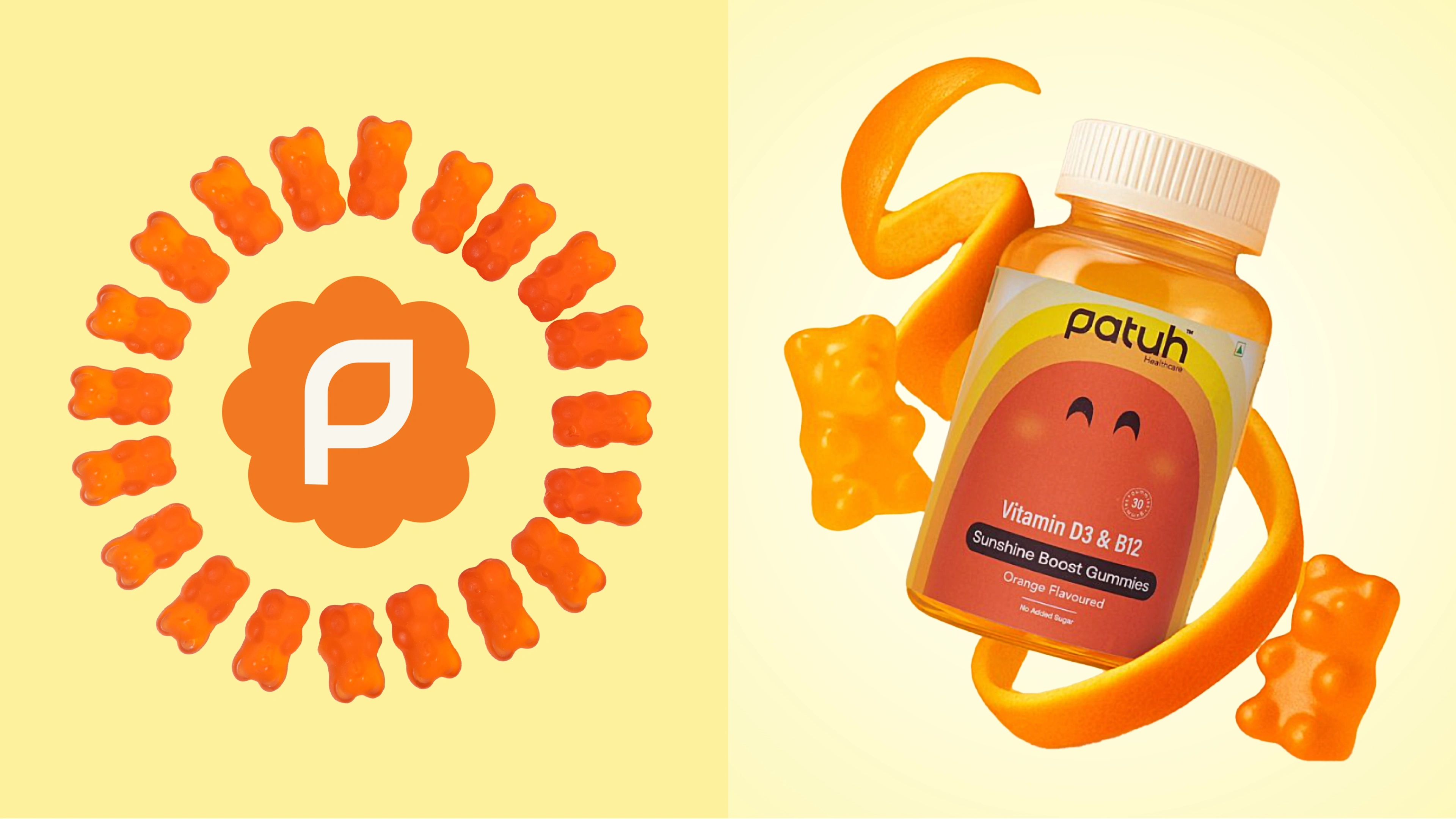 Patuh’s scalloped ‘P’ leaf badge ringed by gummy bears, beside the Sunshine Boost vitamin D3 and B12 jar