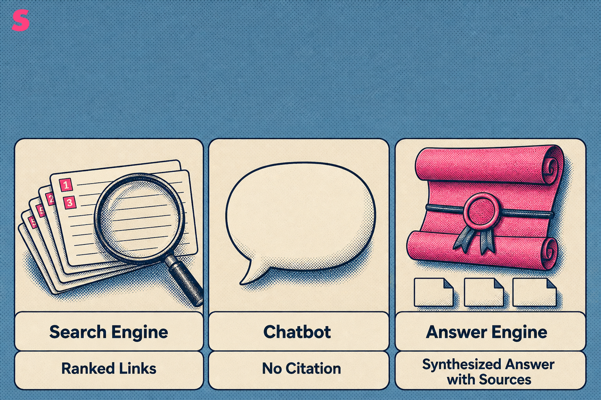 What is an AI-powered answer engine, and how is it different from a search engine or chatbot?