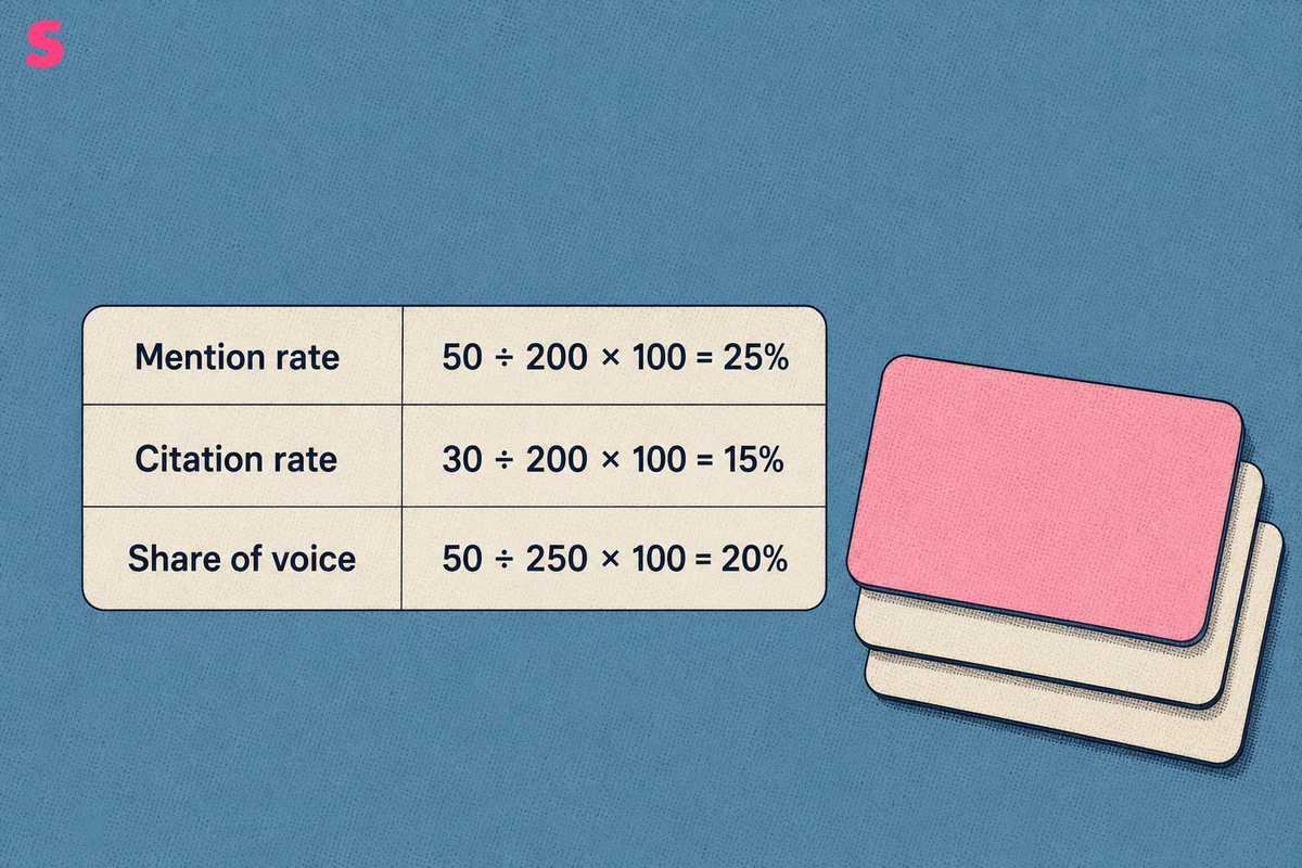 How do you calculate mention rate, citation rate and share of voice from raw AI responses?