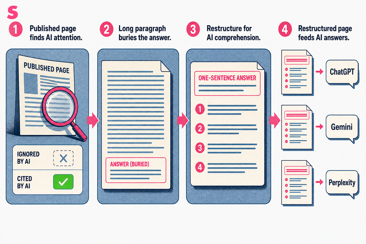 How do you audit and restructure content for answer engine visibility?
