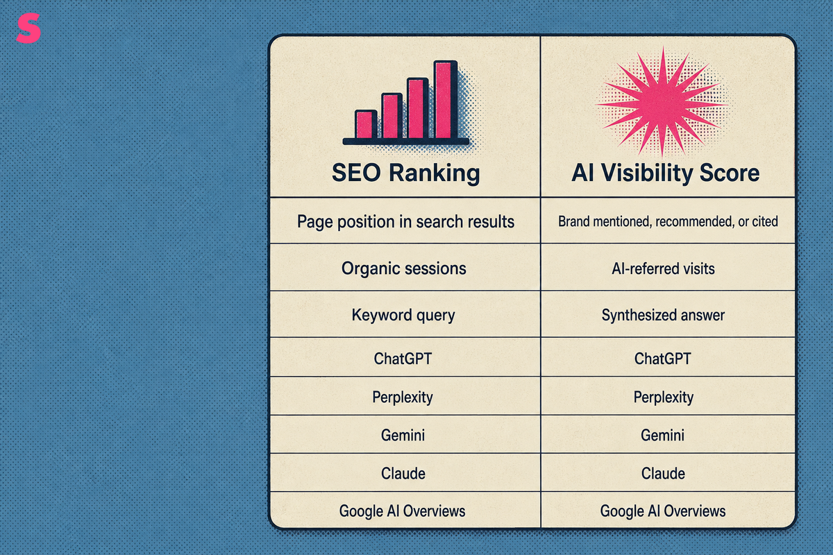What is an AI visibility score, and how does it differ from SEO rankings?