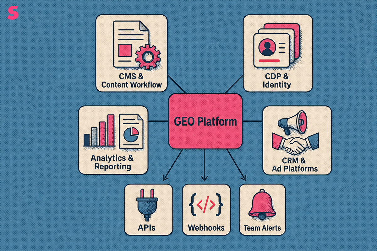 How does a GEO platform connect to a CMS, CDP, analytics and CRM?
