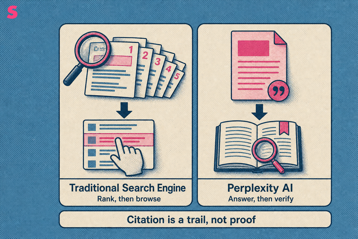 How does Perplexity AI differ from traditional search engines in finding, synthesizing and citing an answer?