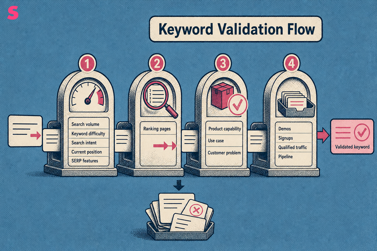 How do you validate AI-generated keywords against search volume, difficulty, and business value?