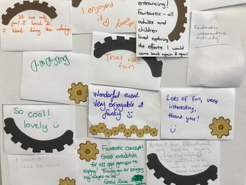 More feedback written on paper on the wall.  E.g. So Cool! Lovely.
