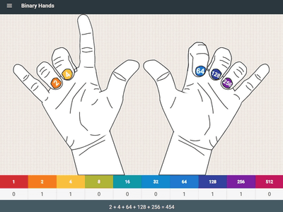 Screenshot of hands web app showing two hands with binary number columns on fingernails