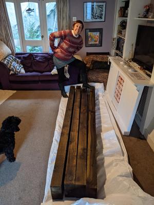 Dog watching woman with foot on wooden planks