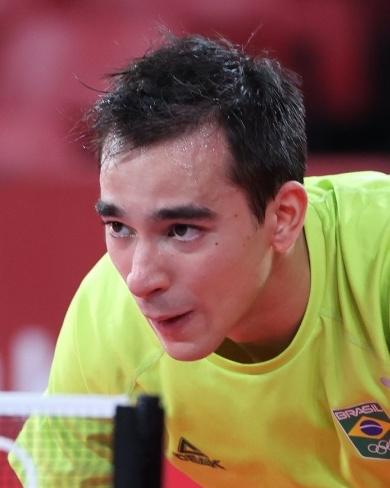 Hugo Calderano playing table tennis in 2021