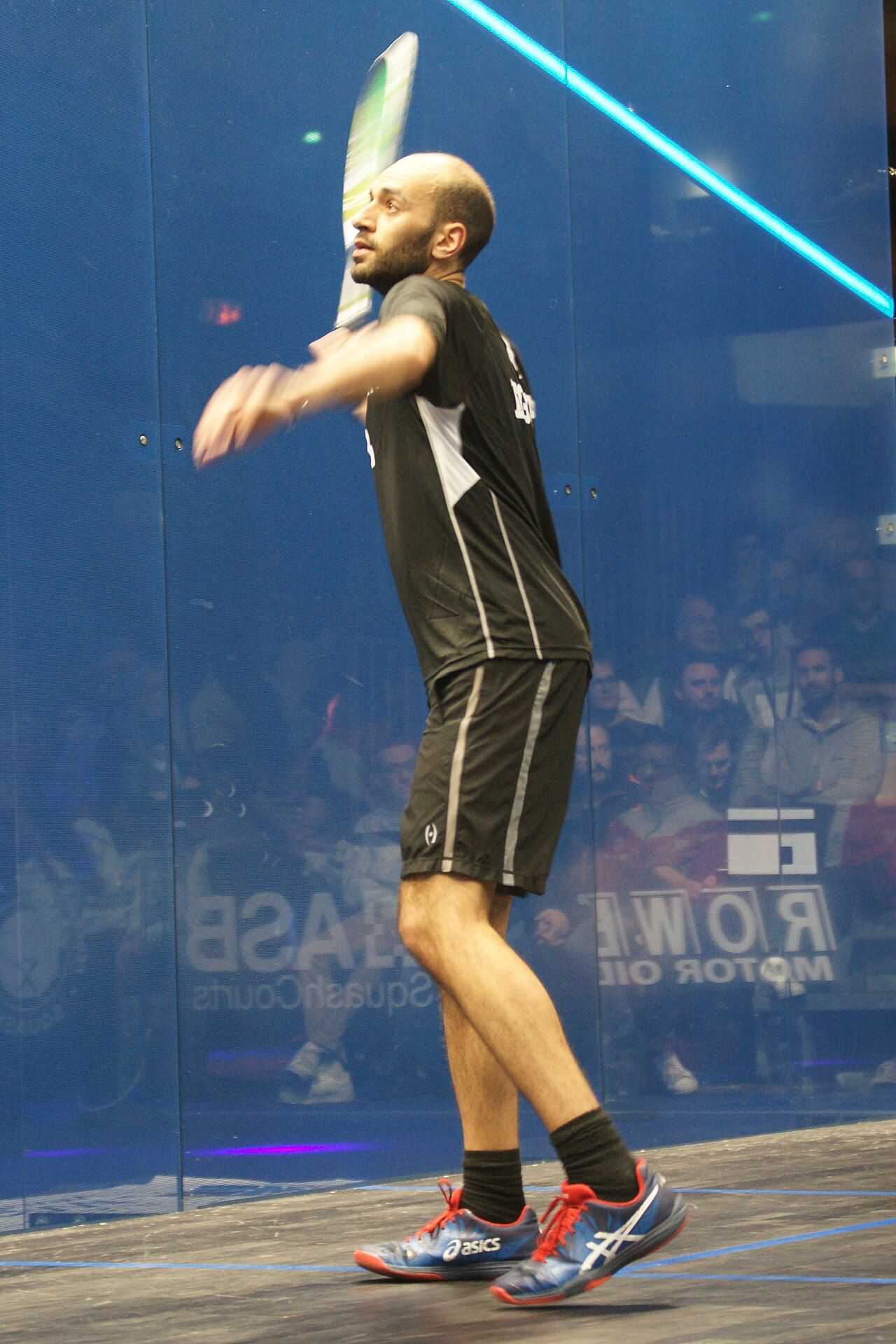 Marwan ElShorbagy playing squash at the 2017 World Team Squash Championships in Marseille