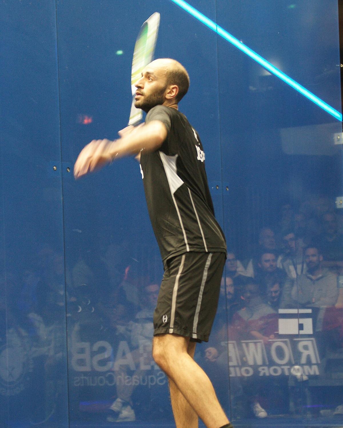 Marwan ElShorbagy playing squash at the 2017 World Team Squash Championships in Marseille