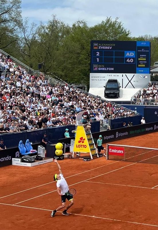 Alexander Zverev serving against Ben Shelton at the BMW Open, Munich, 2025
