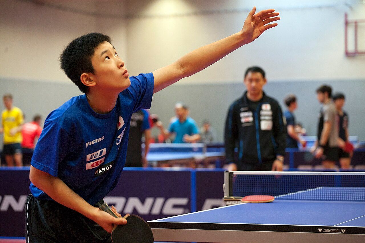 Tomokazu Harimoto serving at the 2017 German Open