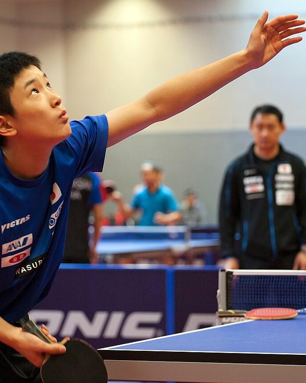 Tomokazu Harimoto serving at the 2017 German Open