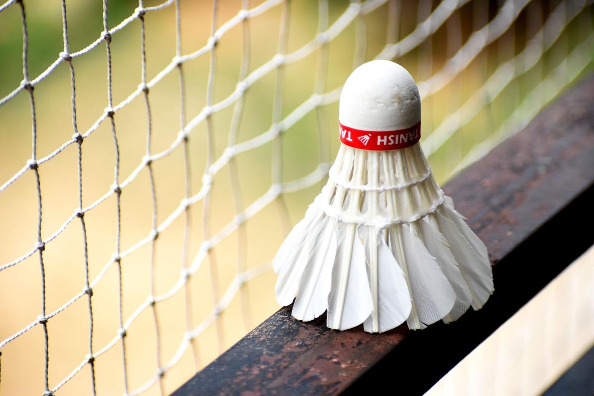 A white feather shuttlecock with a red band resting on a wooden rail in front of a white mesh badminton net