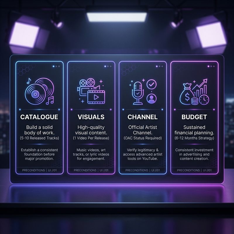 Four essential preconditions for shifting promo budget to YouTube: Existing Catalogue (5-10 tracks with Content ID), Visual Content (1 music/lyric video per release), Channel Baseline (OAC from zero), and Budget Mindset (6-12 month investment).