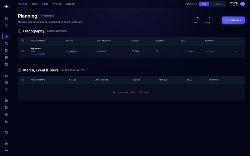 Manage your project in the Planning dashboard in Music Artist Manager