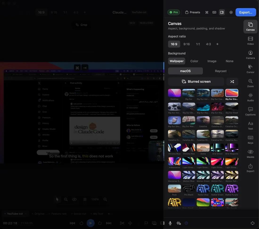 Kapture's canvas panel showing the macOS wallpaper picker, with tabs for Wallpaper, Color, Image and None
