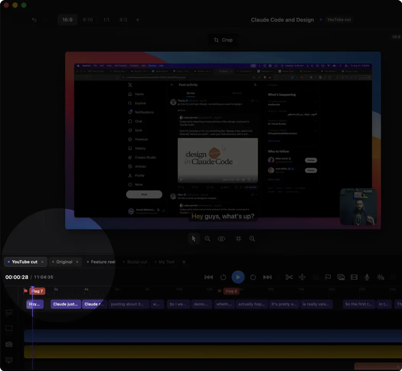 Five timeline tabs in Kapture — YouTube cut, Original, Feature reel, Social cut and My Test — above one recording's timeline