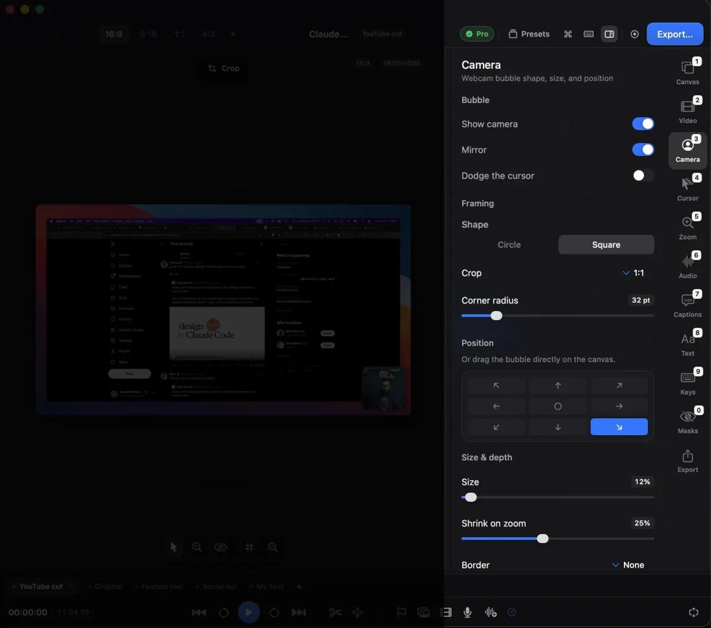 Kapture's camera panel with shape, crop, corner radius, position grid, size, shrink-on-zoom and border controls