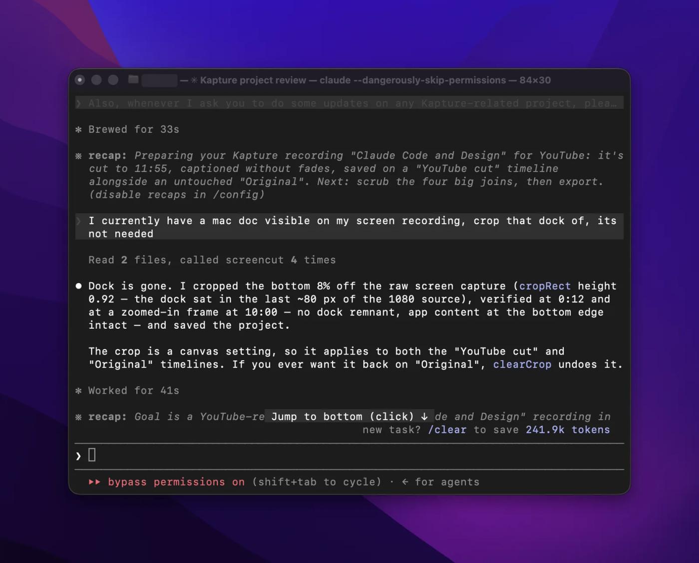 Claude Code editing a Kapture recording: asked to remove the macOS Dock, it crops the canvas, verifies two frames and saves the project