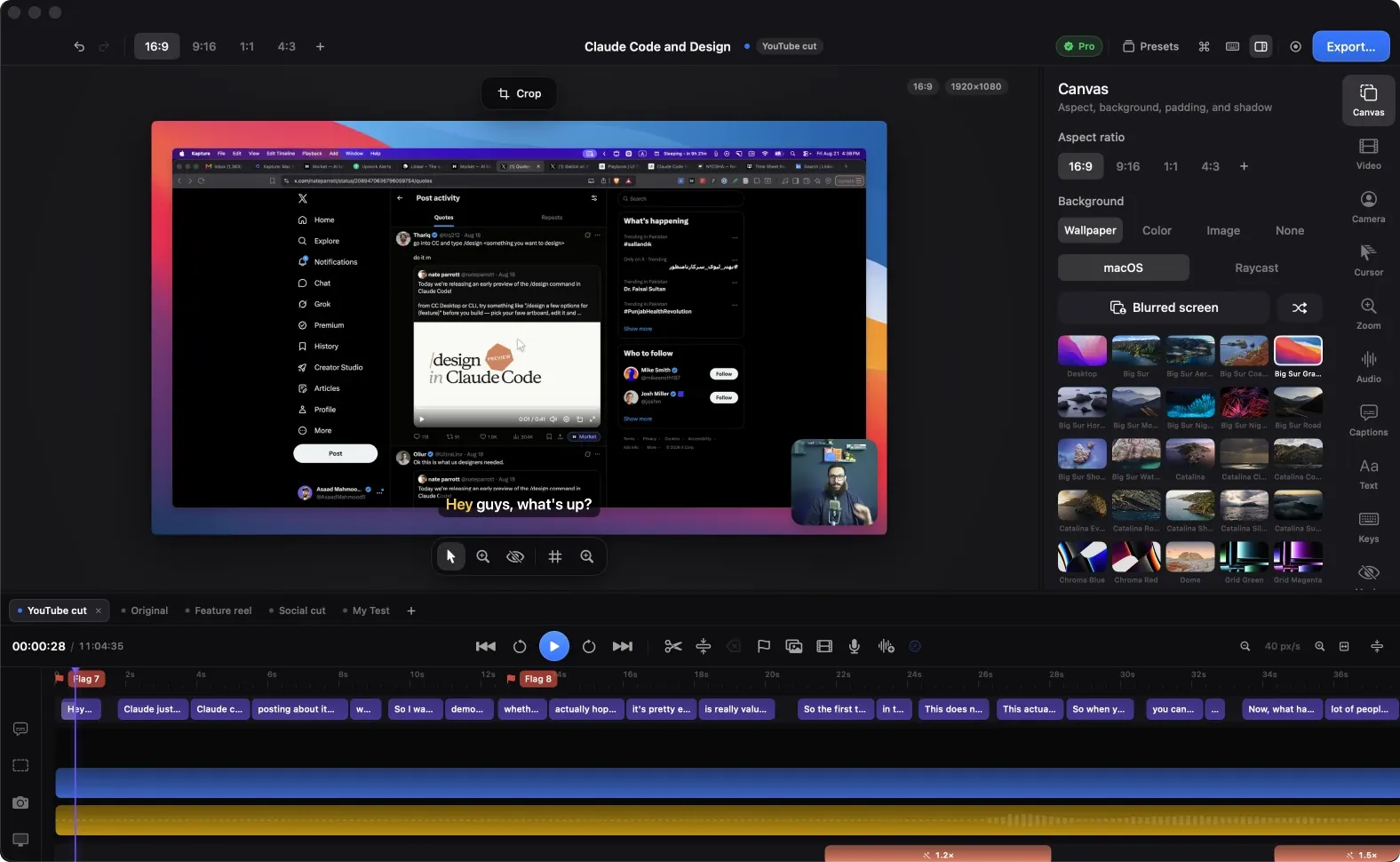 Kapture's editor on macOS: a screen recording on a wallpaper background with a camera bubble, the canvas panel open on the right, five timeline tabs and a multi-track timeline below