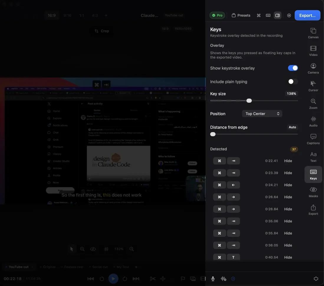 Kapture's keys panel showing 37 detected keyboard shortcuts, each with a timestamp and a Hide button