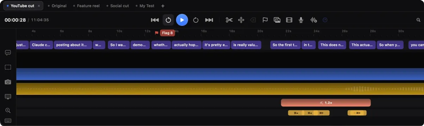 Kapture's timeline: caption chips, a video clip bar, an audio waveform, a zoom segment labelled 1.2×, keystroke chips, and a marker flagged on the ruler