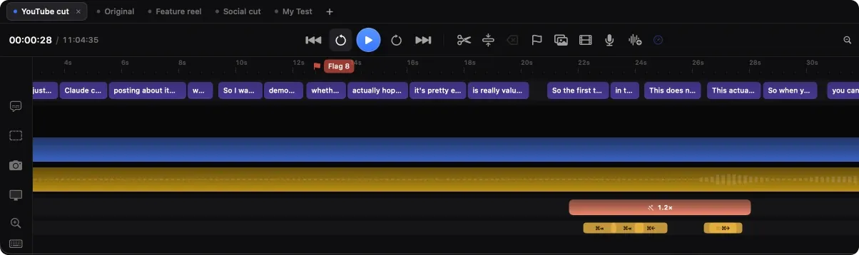 Kapture's timeline: caption chips, a video clip bar, an audio waveform, a zoom segment labelled 1.2×, keystroke chips, and a marker flagged on the ruler