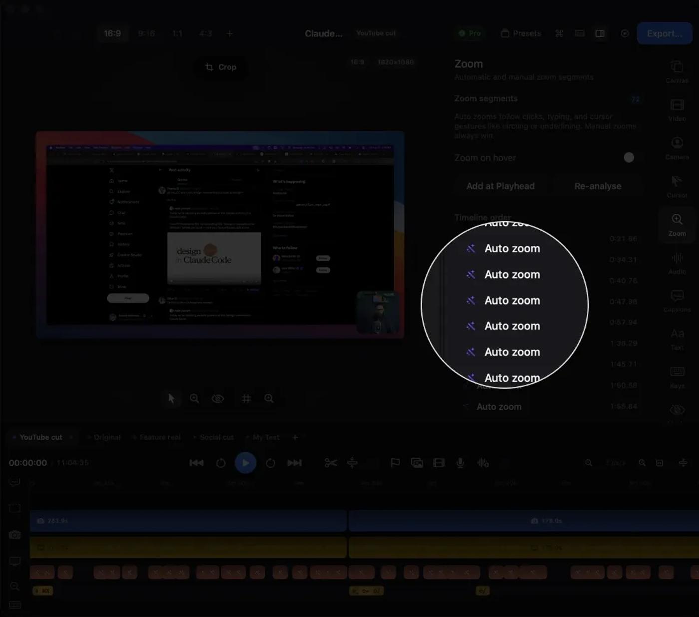 Kapture's zoom panel with Add at Playhead and Re-analyse controls, magnified over a list of automatic zoom segments and their timestamps
