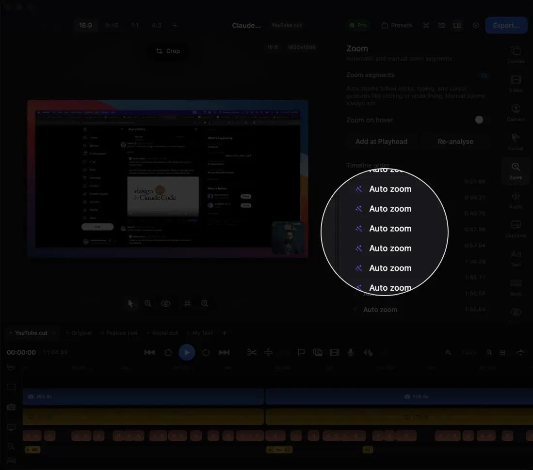 Kapture's zoom panel with Add at Playhead and Re-analyse controls, magnified over a list of automatic zoom segments and their timestamps