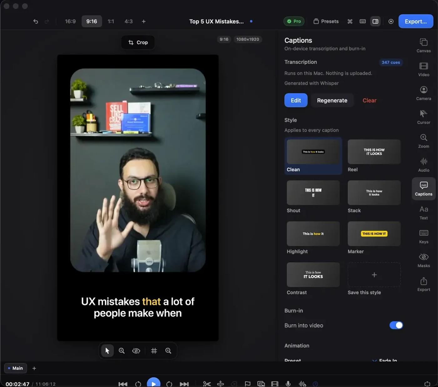Kapture's captions panel: 347 cues transcribed on-device with Whisper, seven caption style presets, and burn-in and animation controls