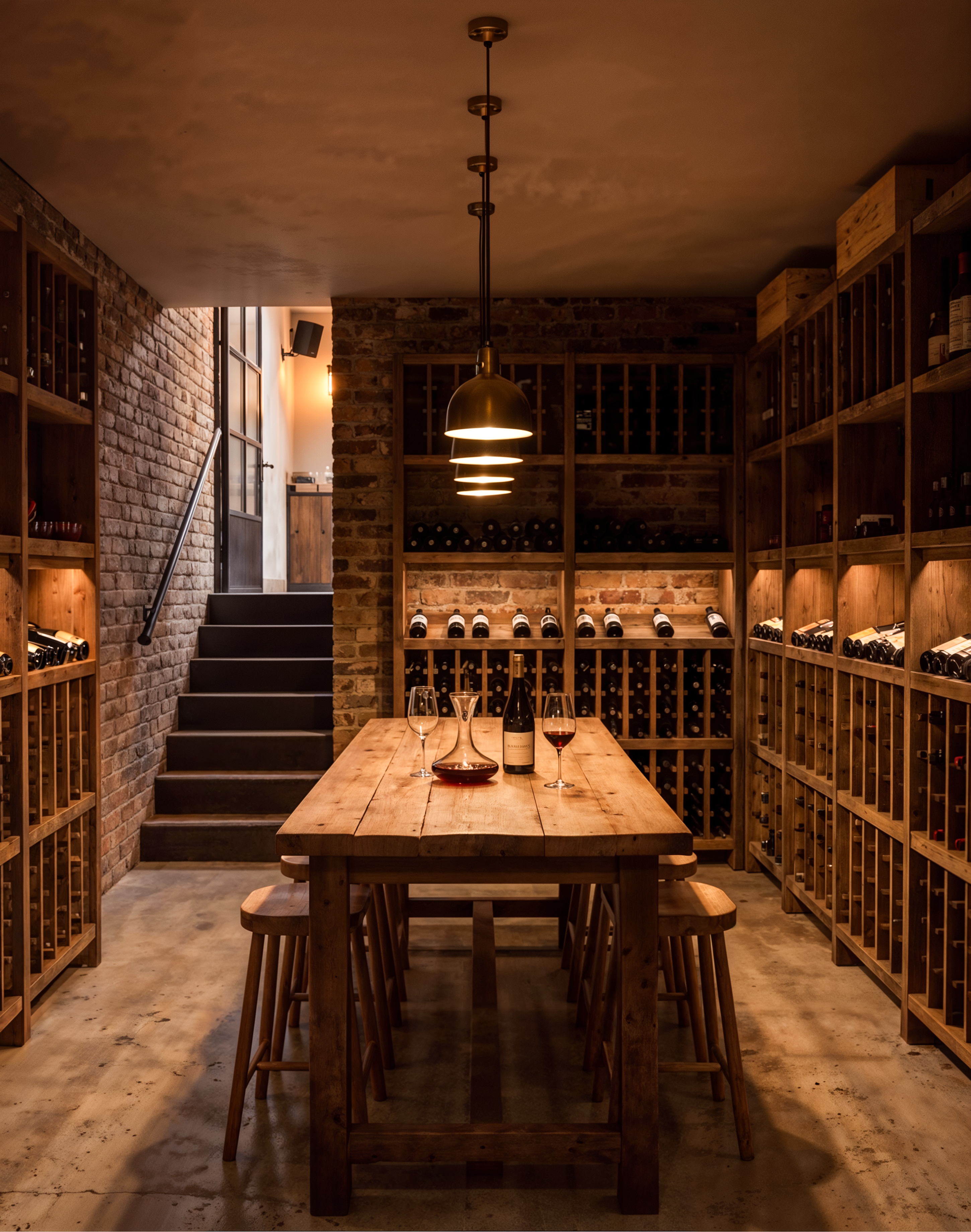 Brick-vaulted wine cellar with a long wooden tasting table, staircase and floor-to-ceiling wine racks.