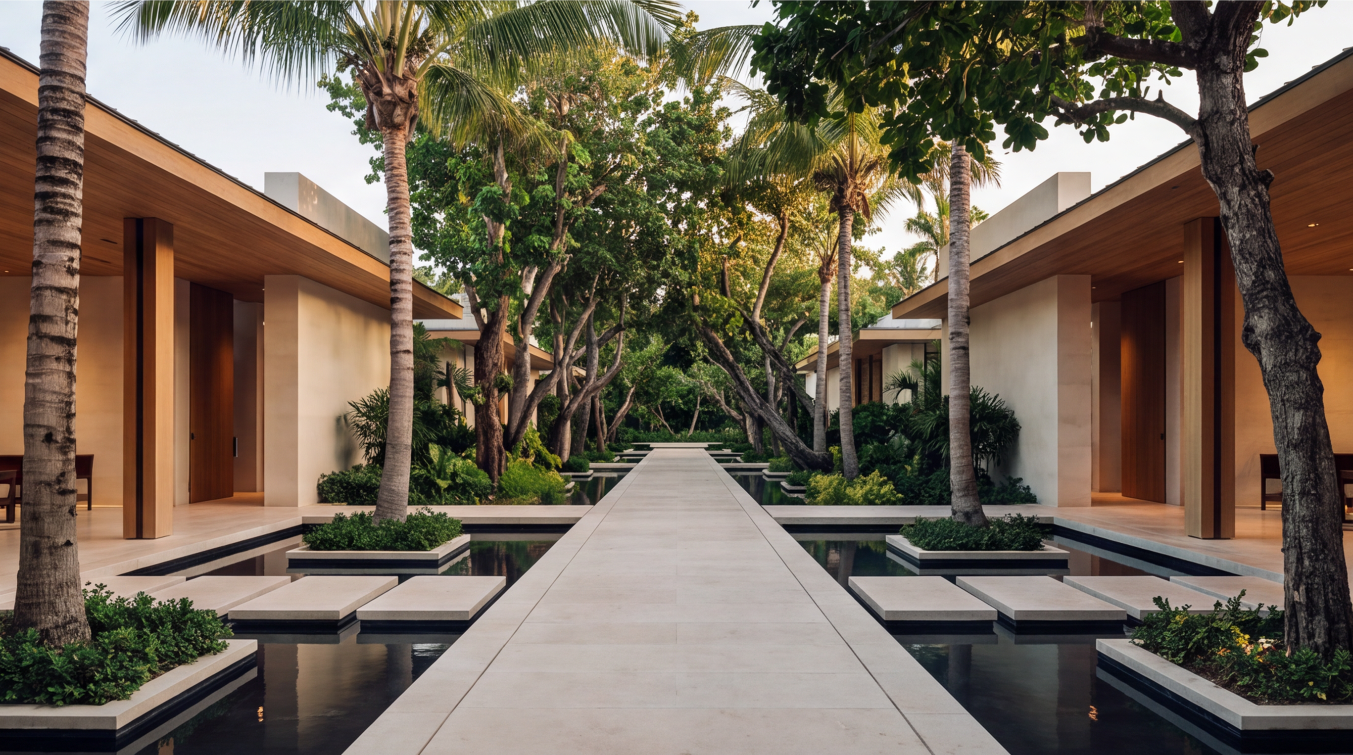 Symmetrical courtyard with water channels between the Ceiba villas