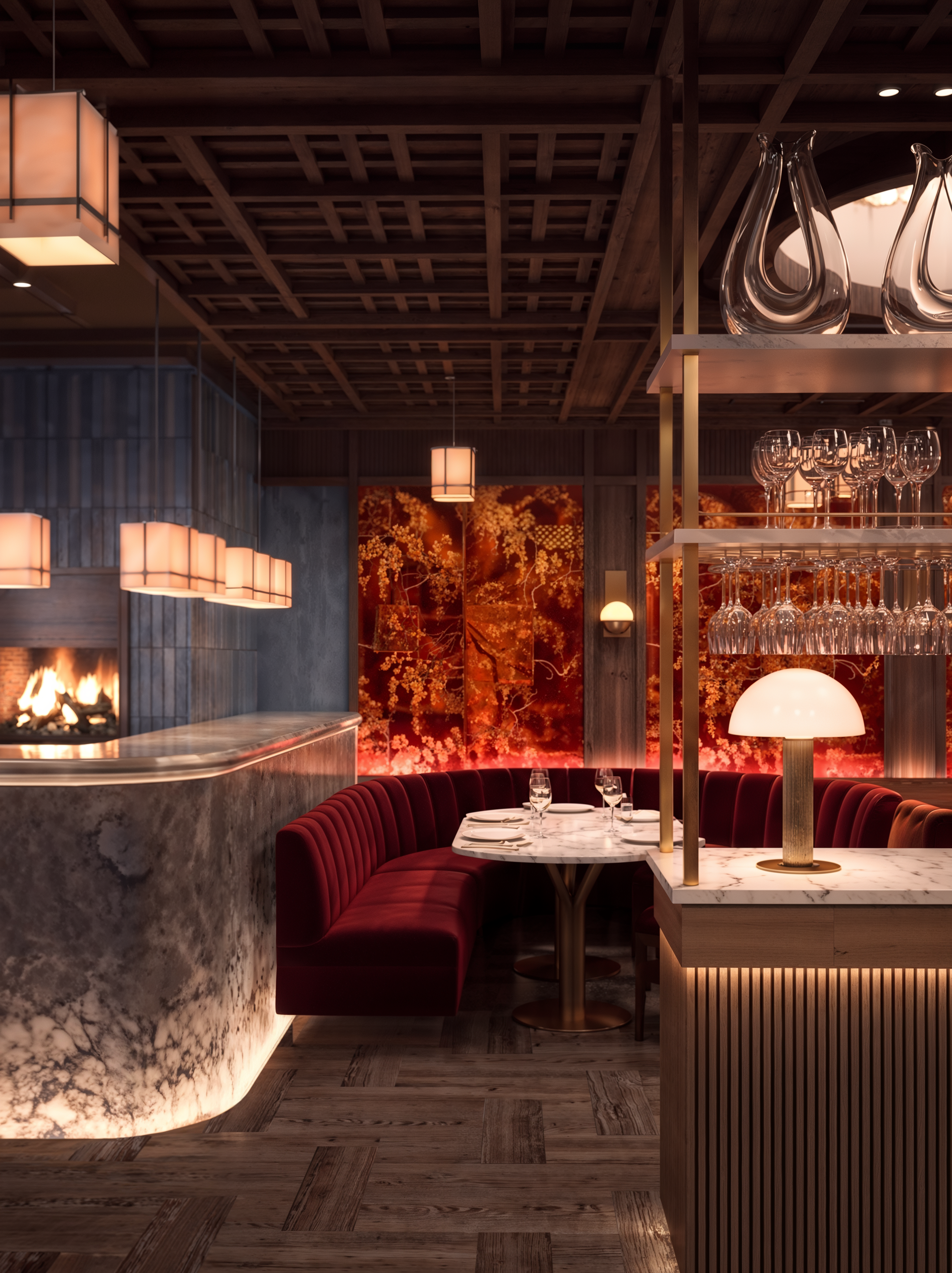 Aragawa London restaurant interior with marble counter and intimate dining area.