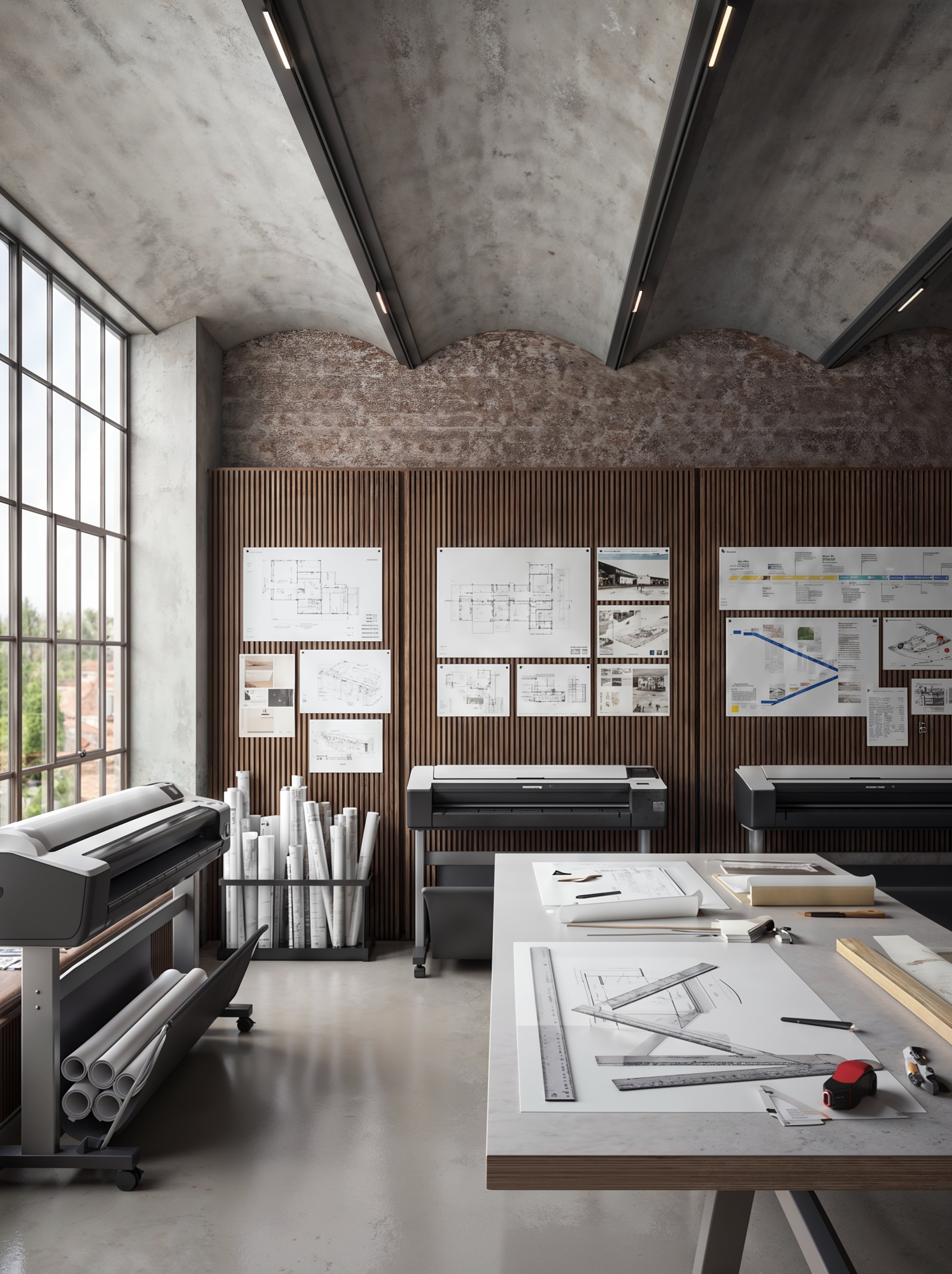 Architectural design studio with drafting tables, presentation boards and exposed industrial ceiling beams.