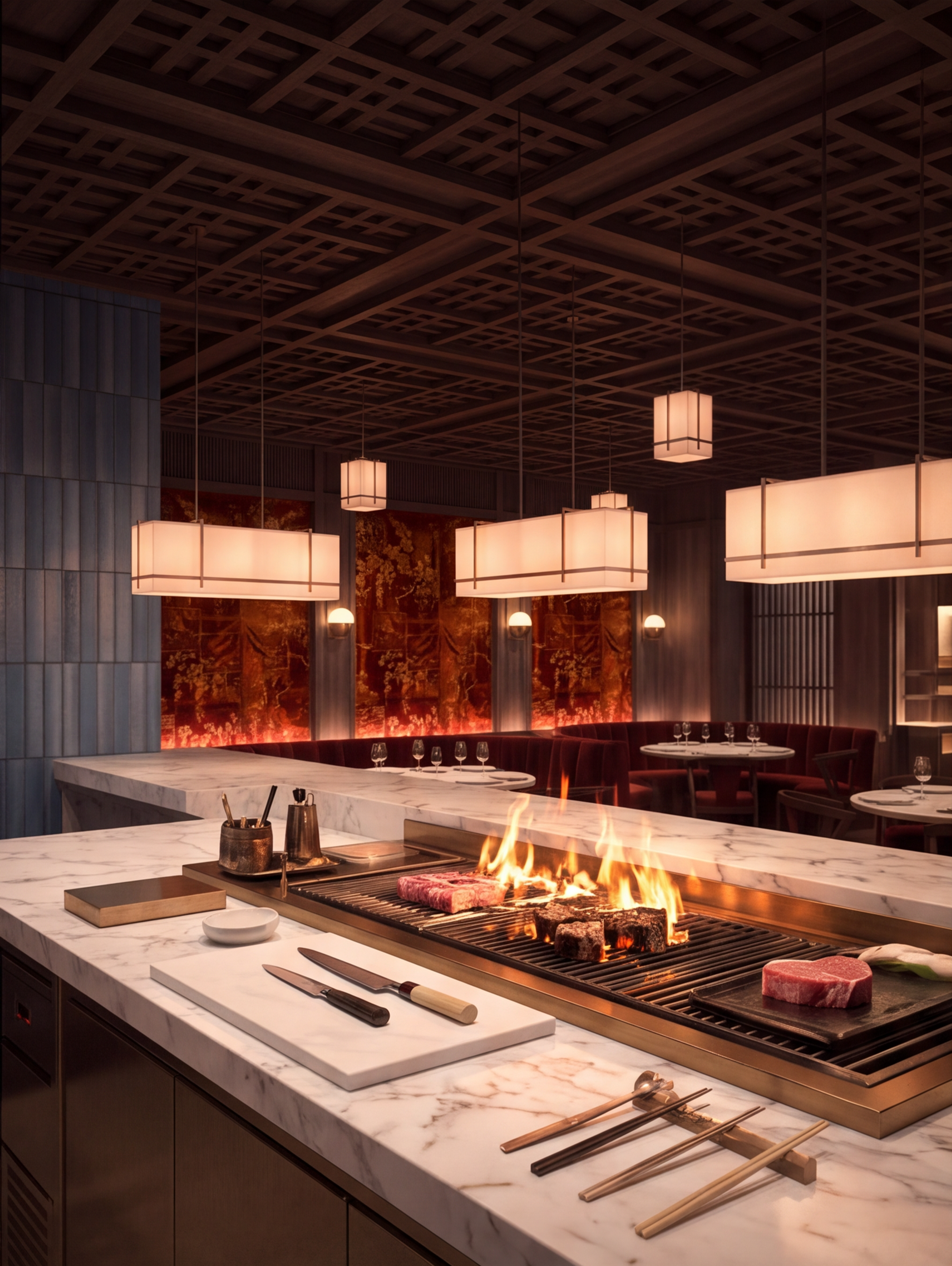 Open kitchen counter with a charcoal grill at Aragawa London