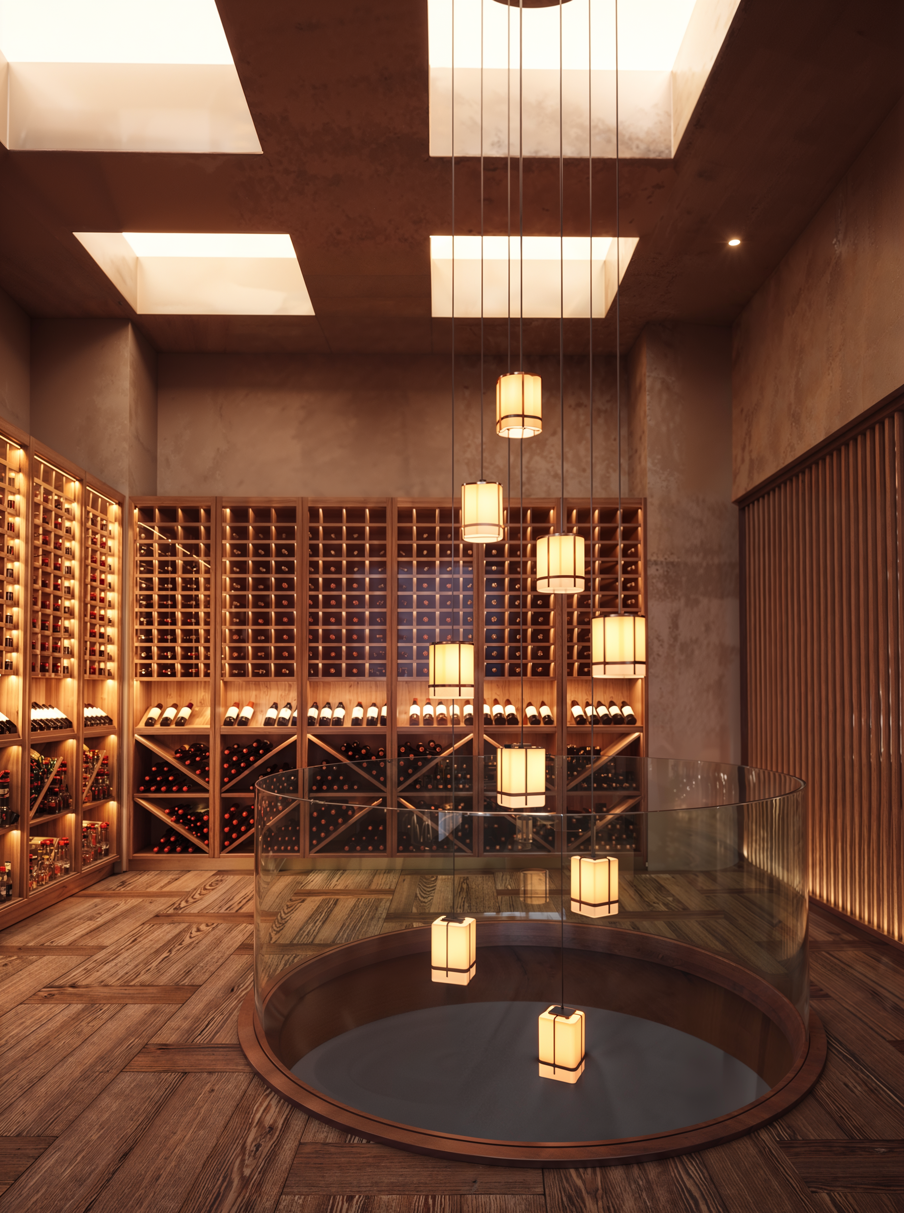 Aragawa London restaurant wine cellar with timber racks and pendant lighting.