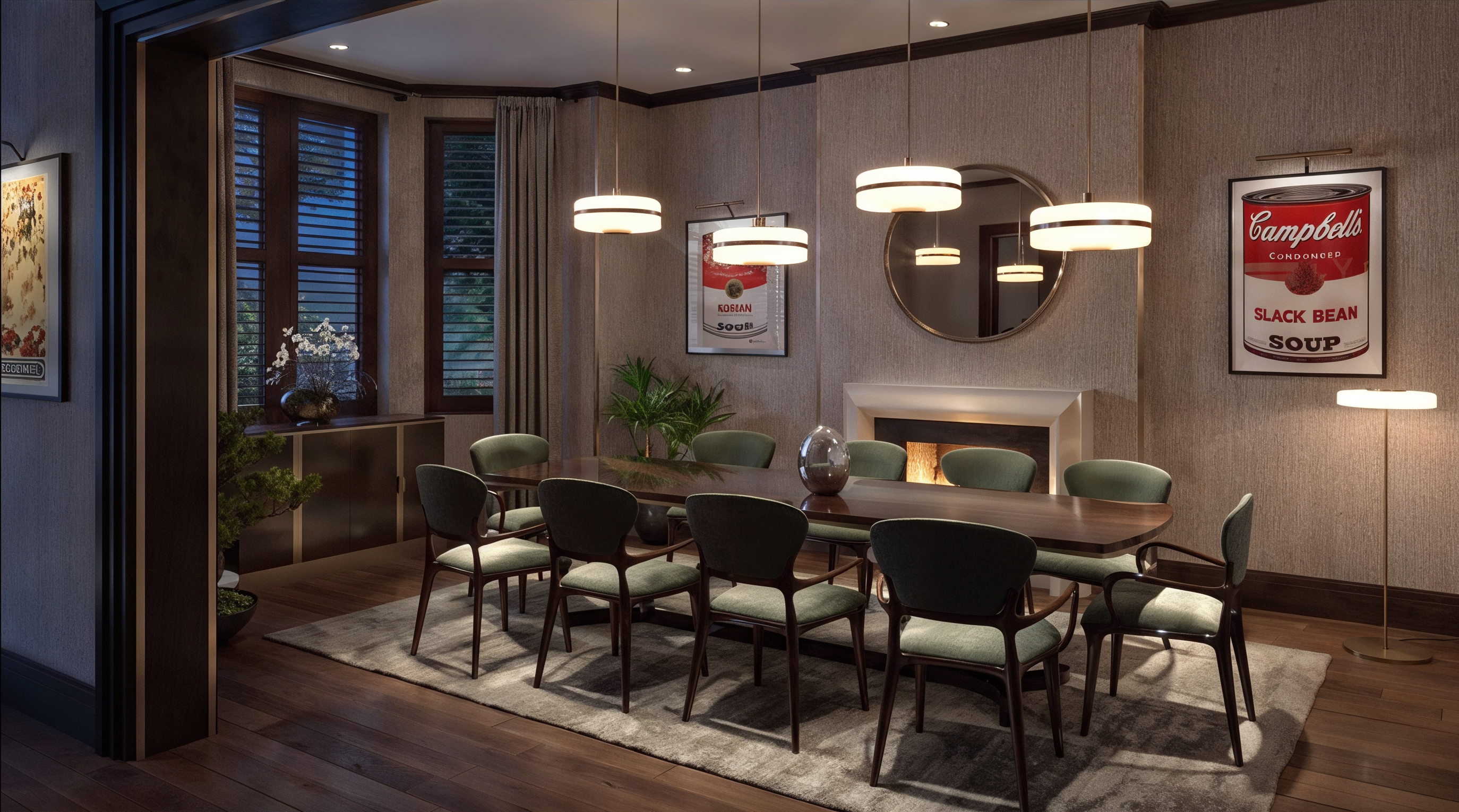 Dining room at Artherton House with pop-art prints and a fireplace