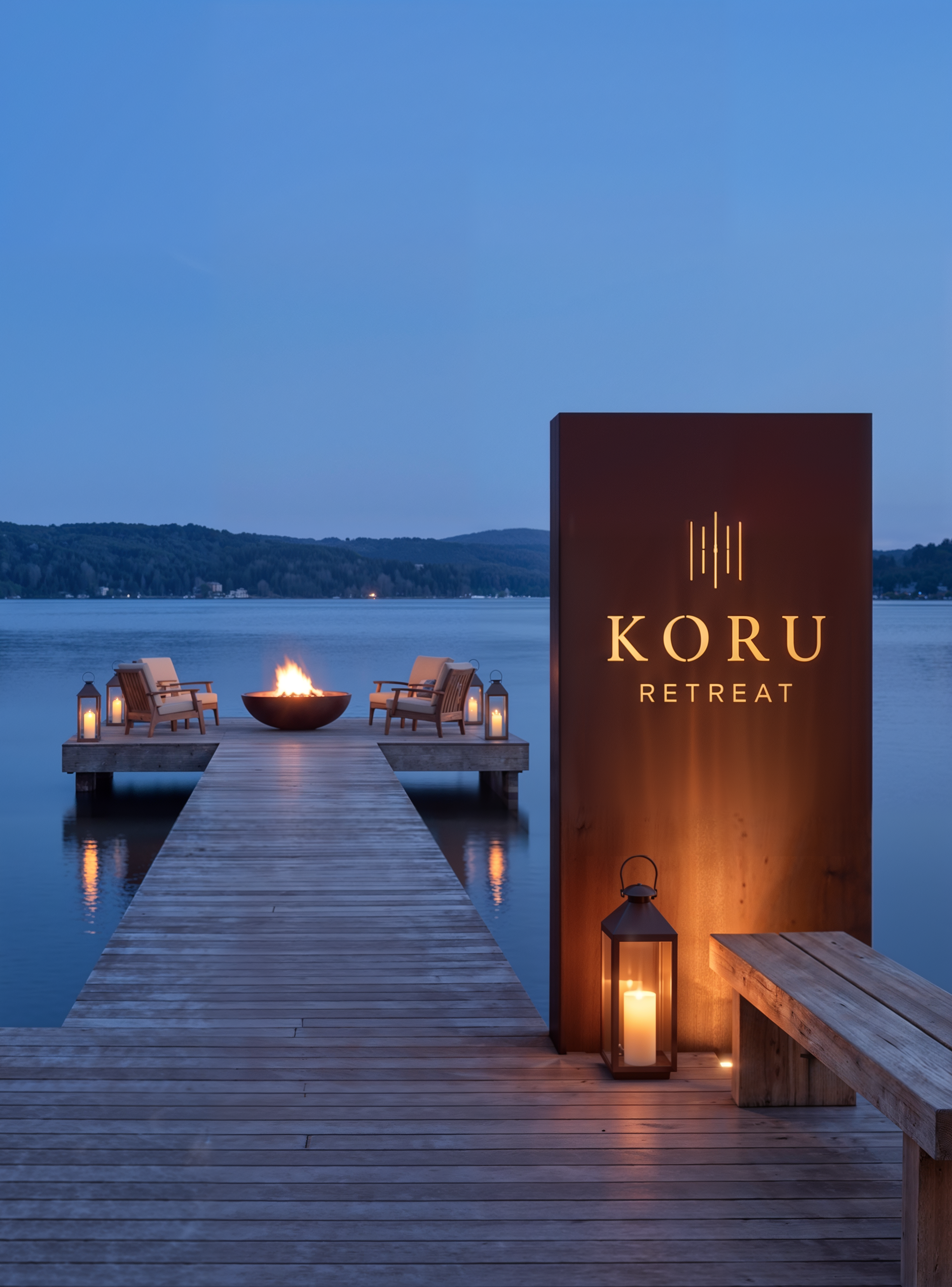 Koru Retreat sign on the jetty at dusk