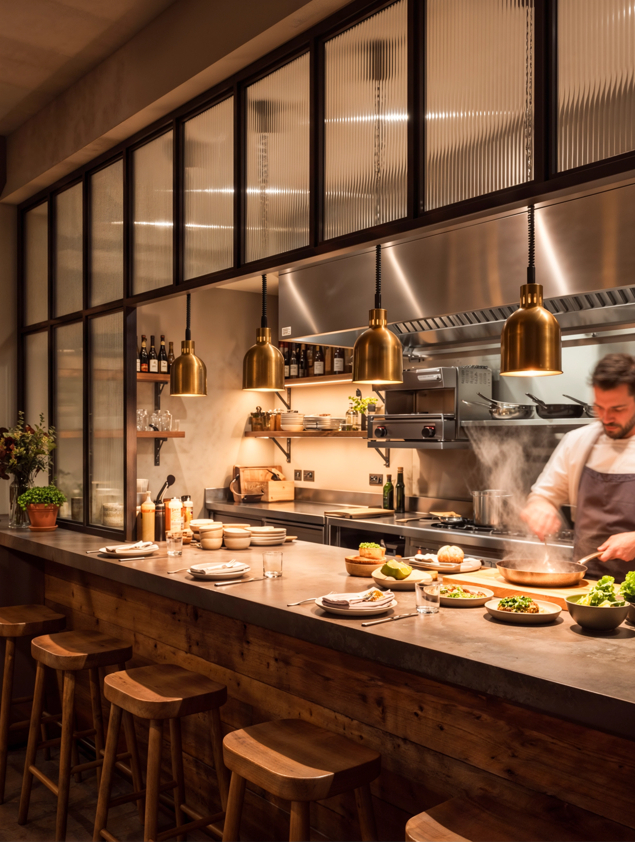 Chef at work behind an open kitchen counter with bar seating, brass pendant lighting and a steel extraction hood.