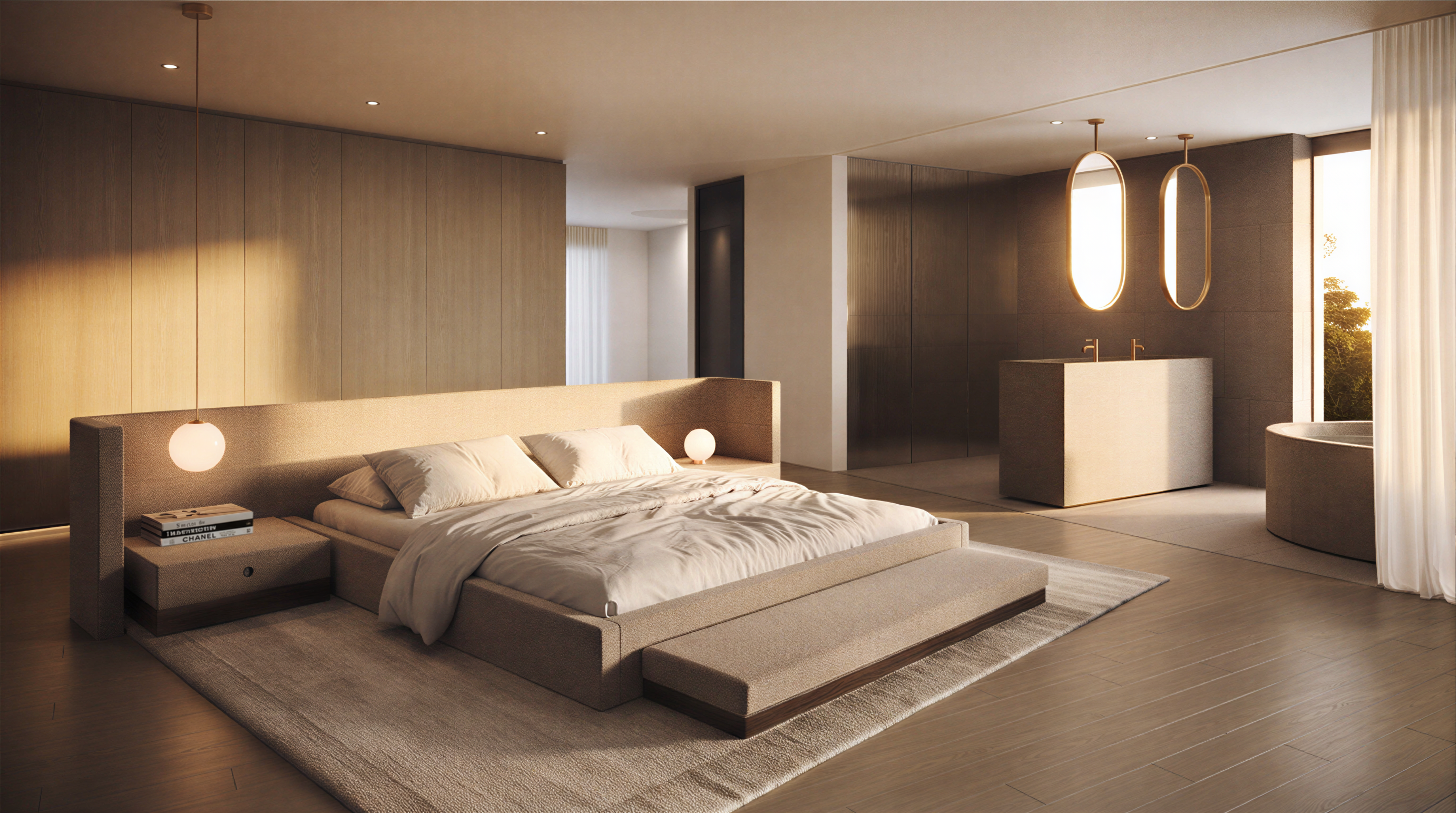 Principal bedroom at Villa SEP with timber-lined walls