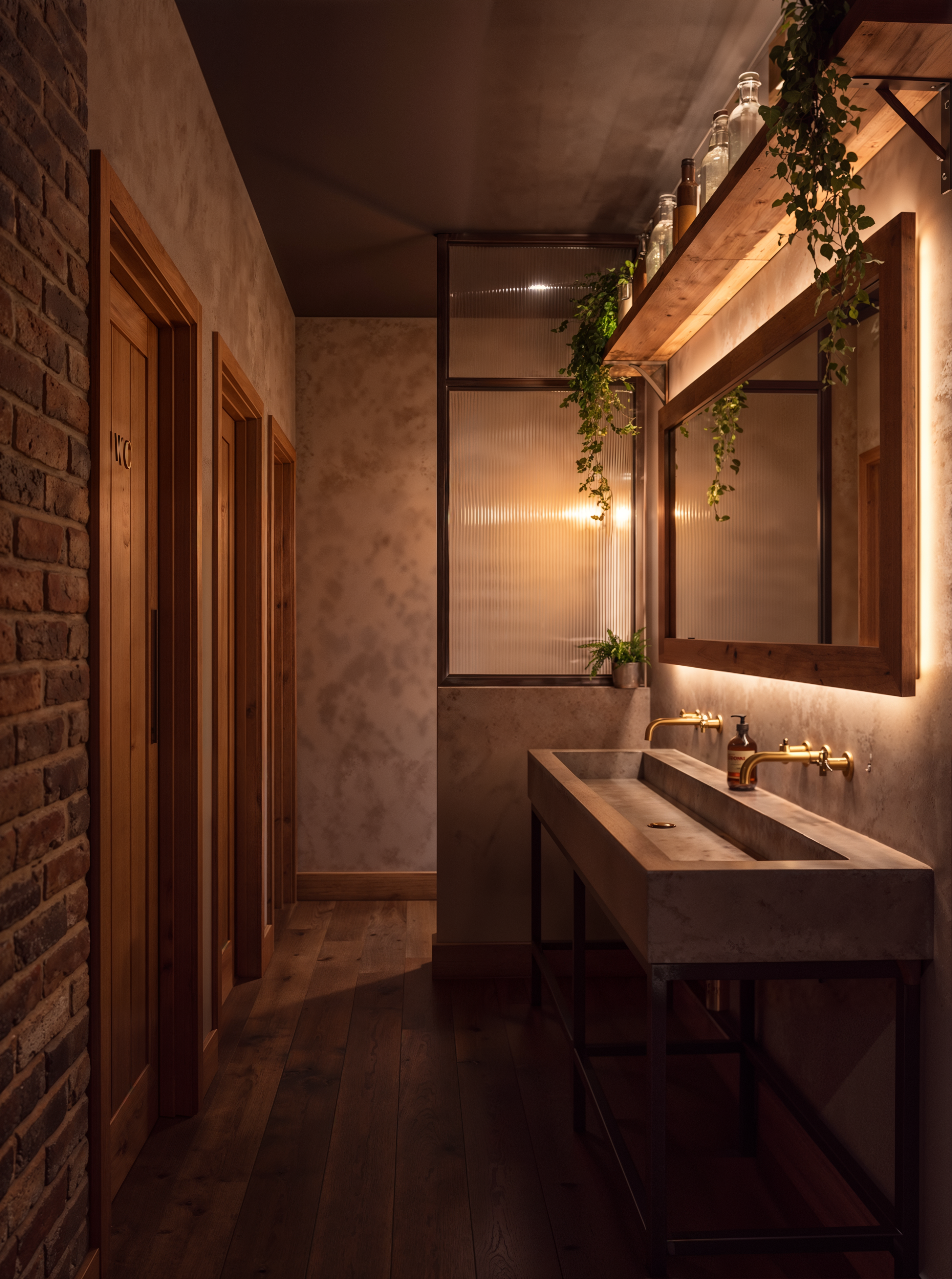 Brick corridor washroom with an illuminated mirror, stone trough basin and soft trailing greenery.