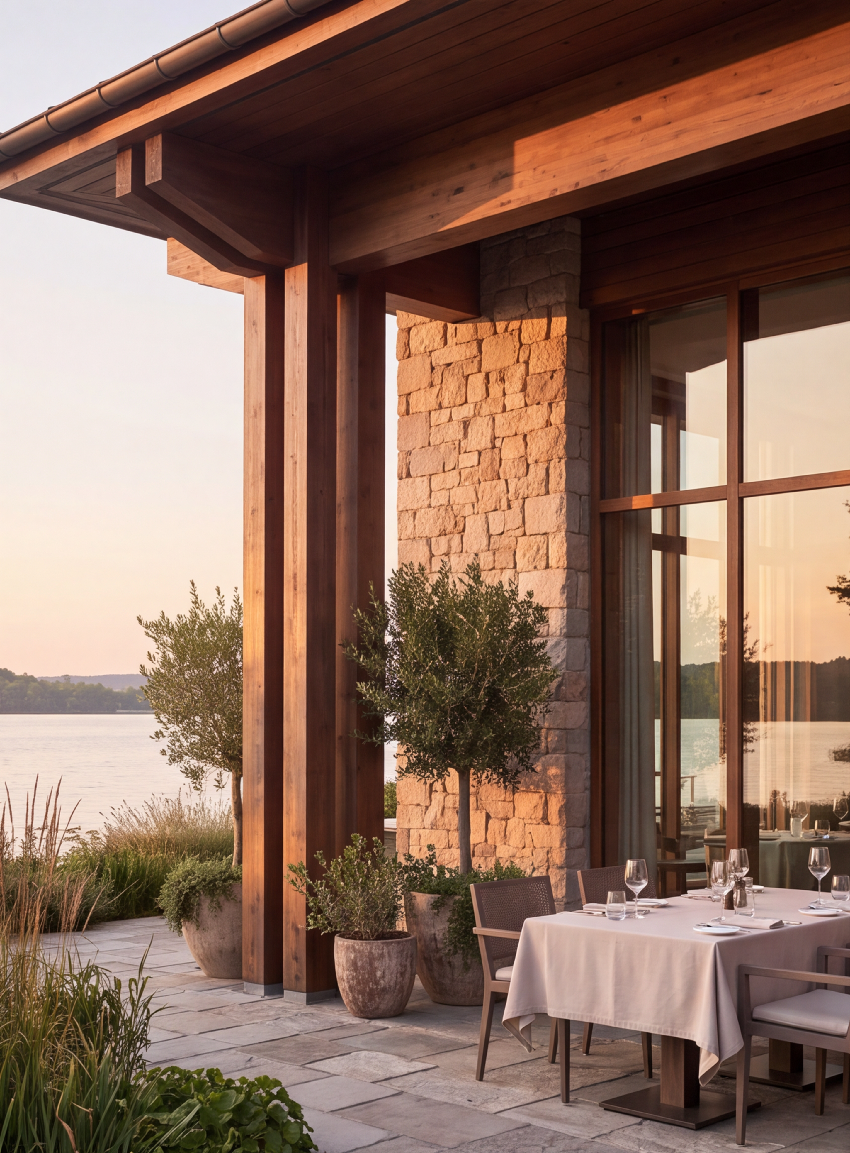 Lakeside dining terrace under the timber eaves at Koru Retreat